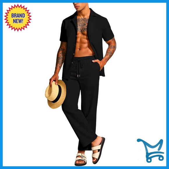 Men's Linen 2-Piece Set Short Sleeve Shirt Long Pants Casual Outfit